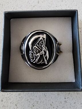 Men's Black Stainless Steel Grim Reaper Signet Ring, Size 13